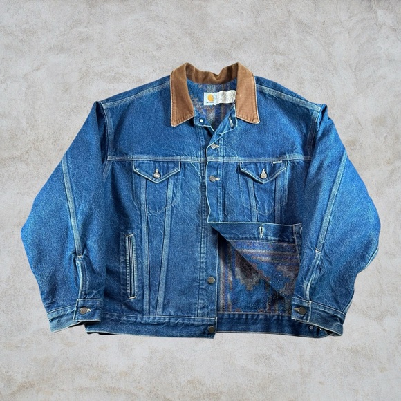 Carhartt デニムブルー ジャケット Vintage Carhartt Denim Jacket Mens 2XL Blue Trucker Aztec Blanket